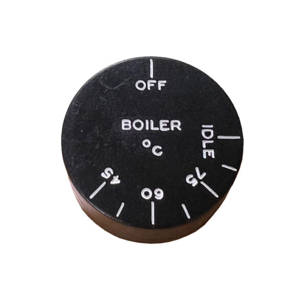 Black boiler thermostat knob for various Stanley cookers. Marked 'Idle, 75, 60 and 45 degrees C. Old type. 